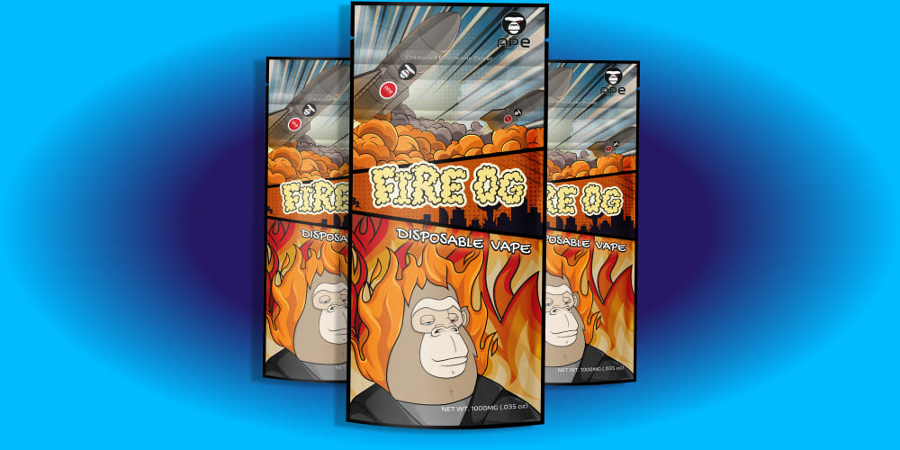 Fire OG weed vape Front side of Fire OG vape packaging with strain and brand logo