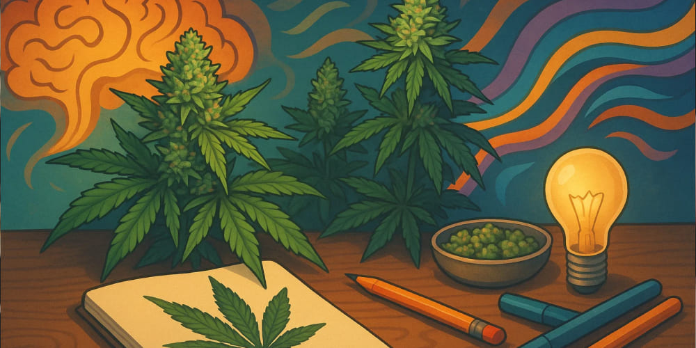Best Weed for Creative Work 2025 Musician composing with guitar and cannabis vape pen, exploring the best weed for creative work