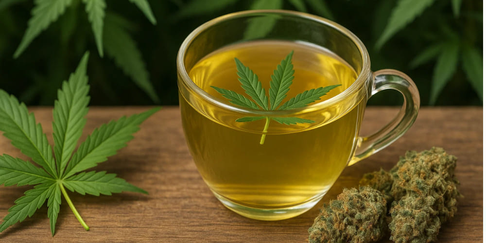 What is Weed Tea? Glass mug of weed tea garnished with lemon slice and honey drizzle