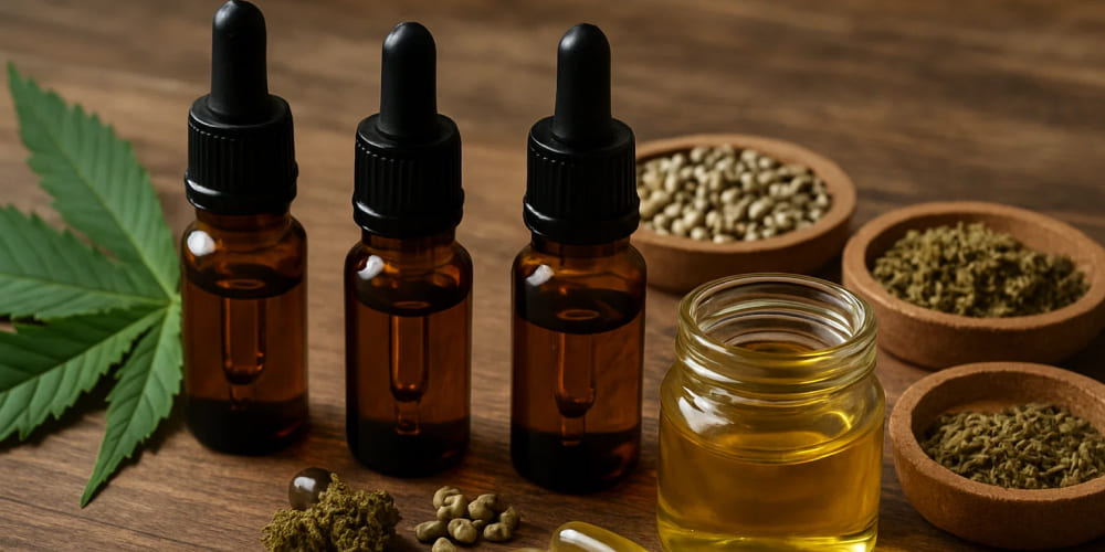 Should you choose CBD, CBG or CBN? Assortment of cannabinoid products including oils, capsules, and edibles on a wooden surface