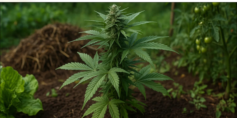 What Is Veganic Weed? Close-up of a veganic weed plant growing in nutrient-rich living soil