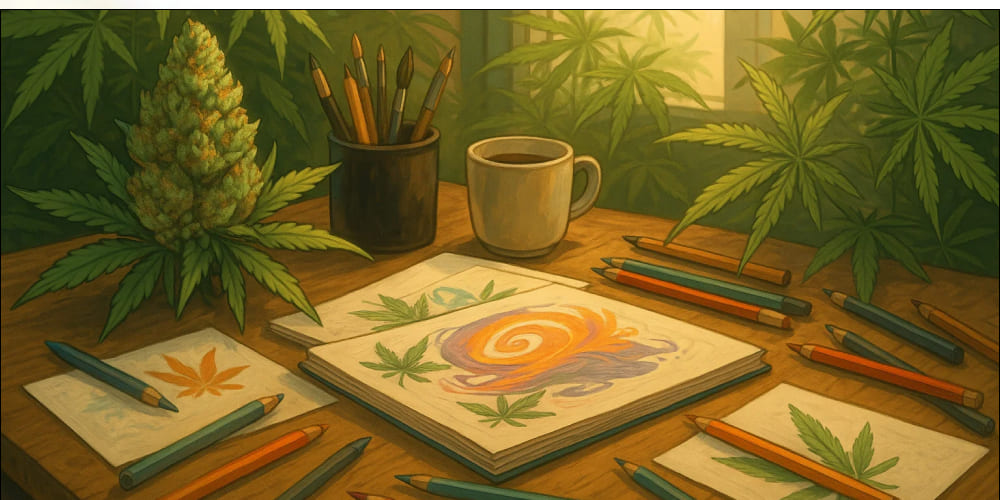 Best Weed for Creative Work 2025 Creative writer typing on a laptop, sipping cannabis-infused tea, using the best weed for creative work