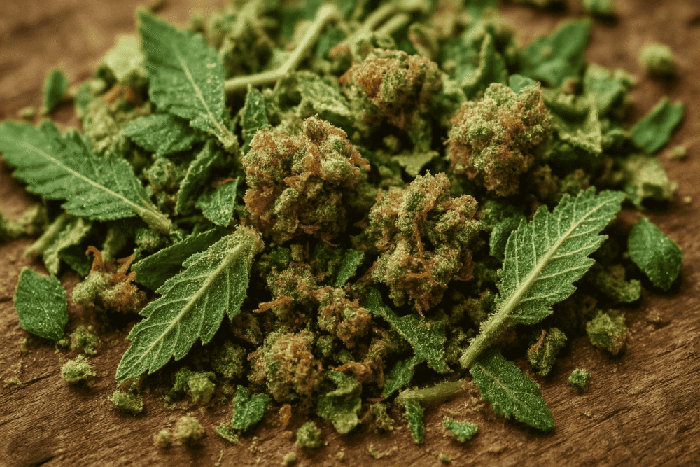 What Is Shake Weed? Close-up image of cannabis shake with visible trichomes and broken buds