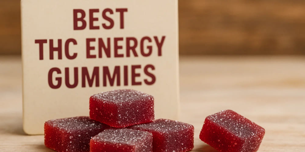 Best THC Energy Gummies THC Energy Gummies with caffeine, green tea leaves, and oranges on a light background