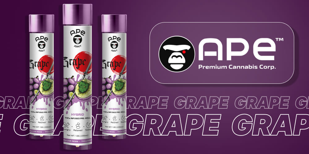 Grape 1g Joint -THCa Live Resin Infused and THCa Diamond Coated Three Ape Joint brand Grape 1g Joint packages and the Ape Premium Cannabis Corp. logo on a purple background.