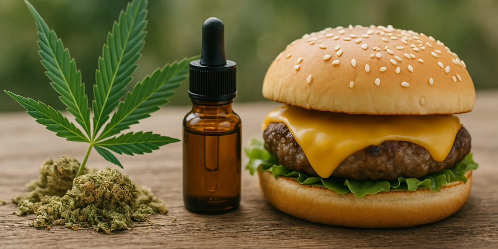 CBD oil bottle with dropper next to a healthy salad on a wooden table