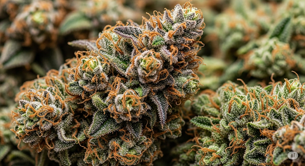 A photorealistic 16:9 close-up of cannabis buds, showcasing intricate details such as glistening trichomes, pistils, and bracts. The image highlights the rich textures and colors of the buds, from deep greens to vibrant oranges and reds.