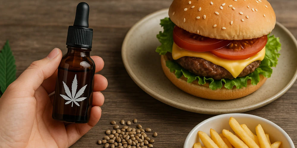 Flat lay of cannabis leaves, CBD tincture, and cooking ingredients