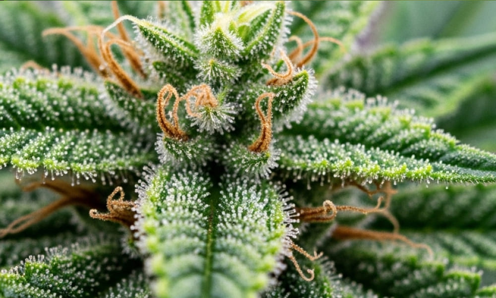 Cannabinoids and Immunity. Close-up of a flowering cannabis plant, showcasing trichomes.
