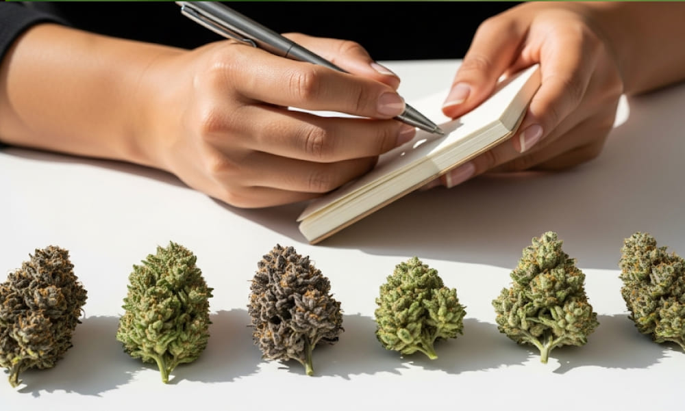 A photorealistic 16:9 image shows a hand gently holding a small, unlined notebook and a sleek silver pen. The hand rests on a clean, white surface where several cannabis strains are neatly arranged for comparison.
