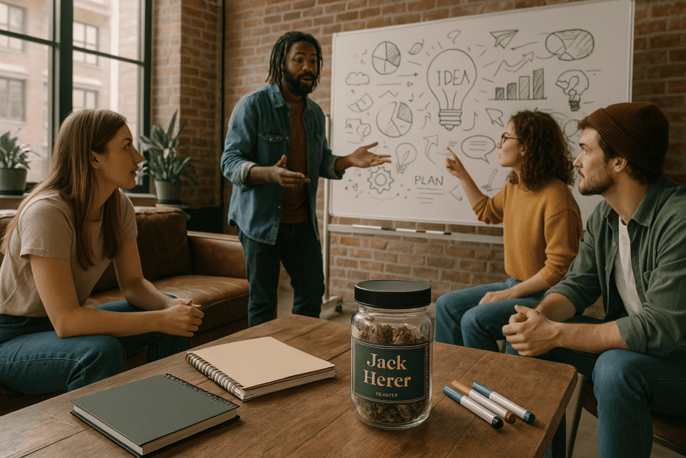 Best Sativa Strains for Creativity 2025 Jack Herer cannabis during a creative group brainstorming session.