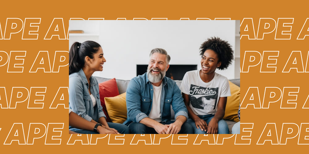 A photorealistic 16:9 image shows a diverse group of friends – including a young South Asian woman with her dark hair tied back in a ponytail, a middle-aged man with a full beard, wearing a casual button-down shirt, and a young Black woman with natural curls, sporting a trendy graphic tee – laughing and sharing a joyous moment in a cozy living room with a fireplace and soft, plush furniture.