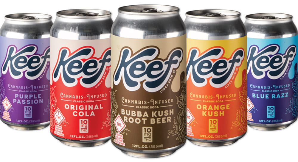 Best 5 THC Drinks Five colorful cans of Keef Classic Soda, each a different flavor: Purple Passion, Original Cola, Bubba Kush Root Beer, Orange Kush, and Blue Razz. Each can states "Cannabis-Infused" and "10mg THC."