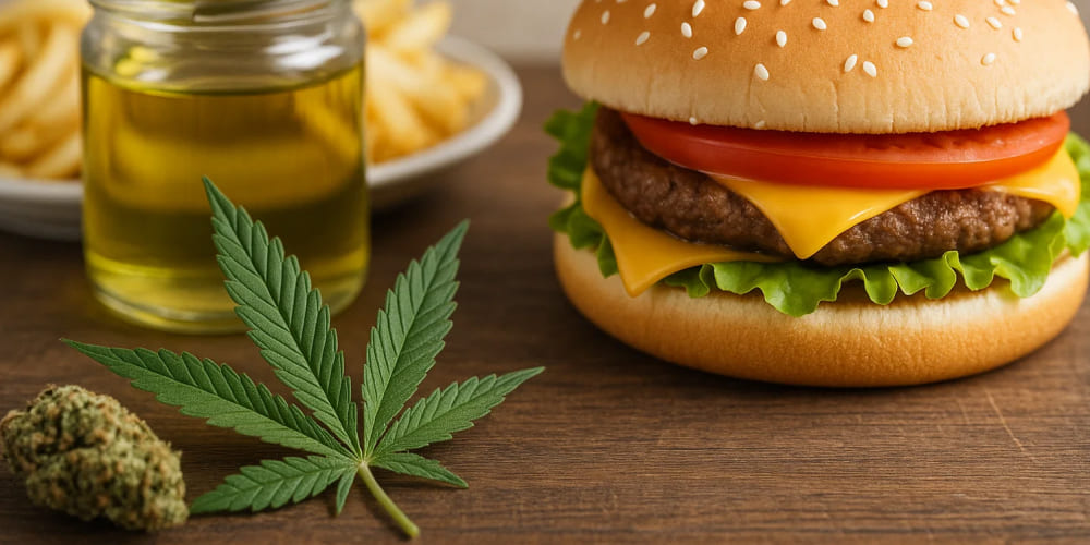 Effect of Cannabinoids on Appetite Cannabis buds on a digital scale next to chips and sweets