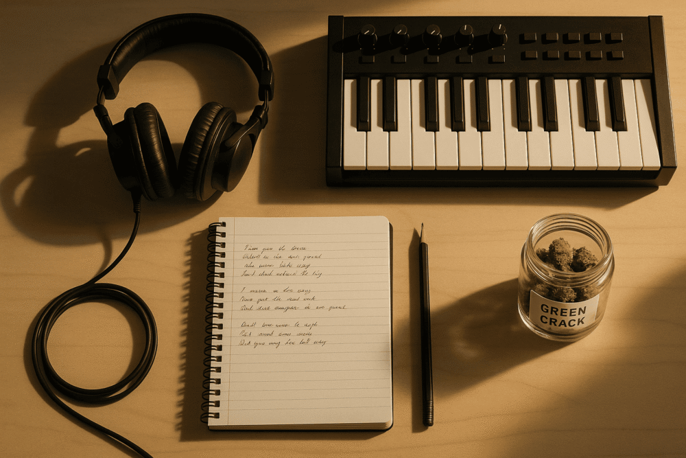 Best Sativa Strains for Creativity 2025 Green Crack cannabis in a home music studio for productive creativity.