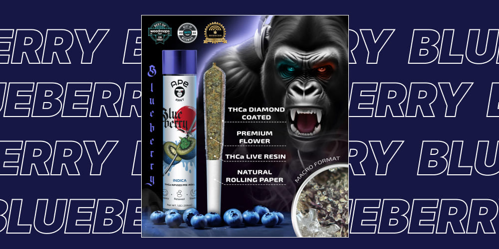 Blueberry 1g Joint -THCa Live Resin Infused Side view of Blueberry 1g Joint -THCa Live Resin Infused packaging with product details and barcode