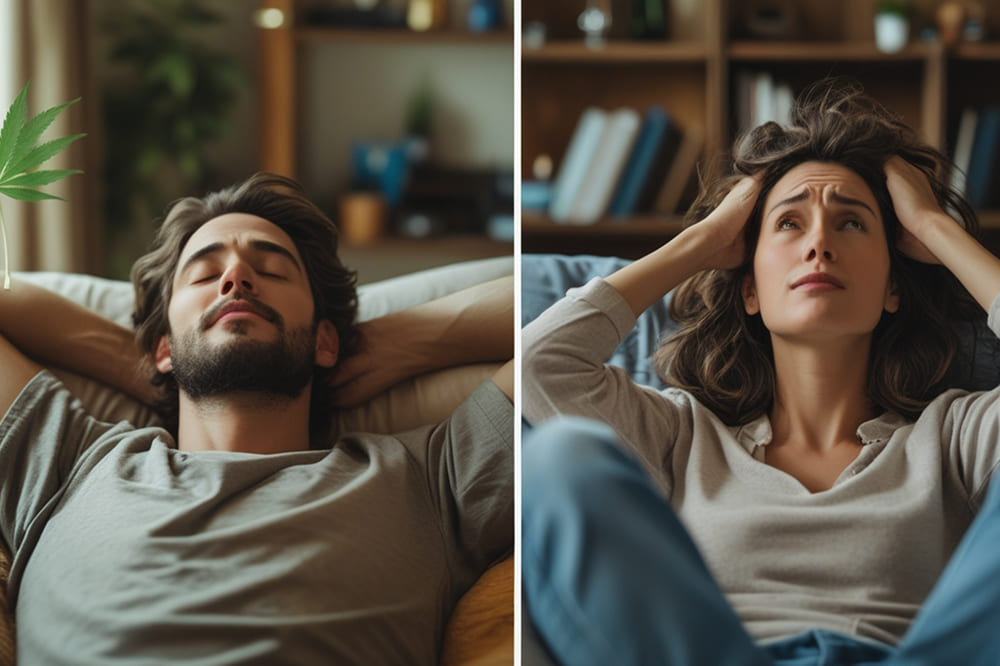 Why one strain can work differently in two people? Two people experiencing different moods in contrasting environments after using cannabis.