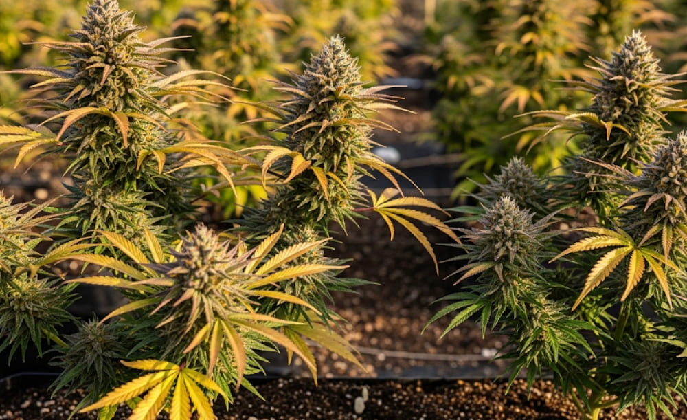Super Boof weed strain A close-up, photorealistic view of a dense Super Boof cannabis bud, showcasing deep green and vibrant purple colors, heavily coated with shimmering white trichomes and interspersed with bright orange pistils.