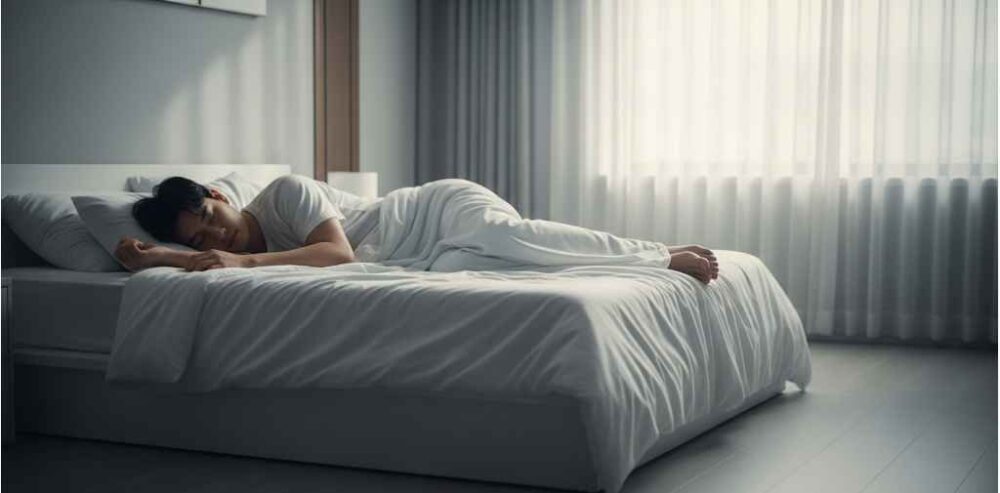 Which strains are best for sleep, pain or anxiety? A person sleeping peacefully in a tranquil, modern bedroom with soft lighting, suggesting restful sleep.