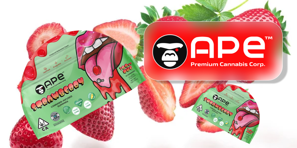 Two packs of "Ape Strawberry" cannabis-infused gummies with the Ape Premium Cannabis Corp. logo. The background is covered with fresh, sliced strawberries.