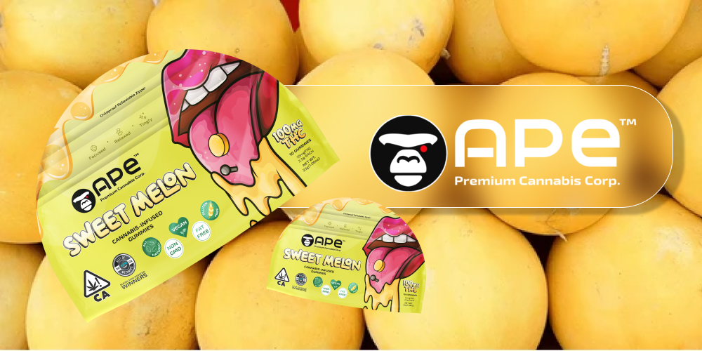 Two packs of "Ape Sweet Melon" cannabis-infused gummies with the Ape Premium Cannabis Corp. logo prominently displayed. The background is filled with whole cantaloupe melons.
