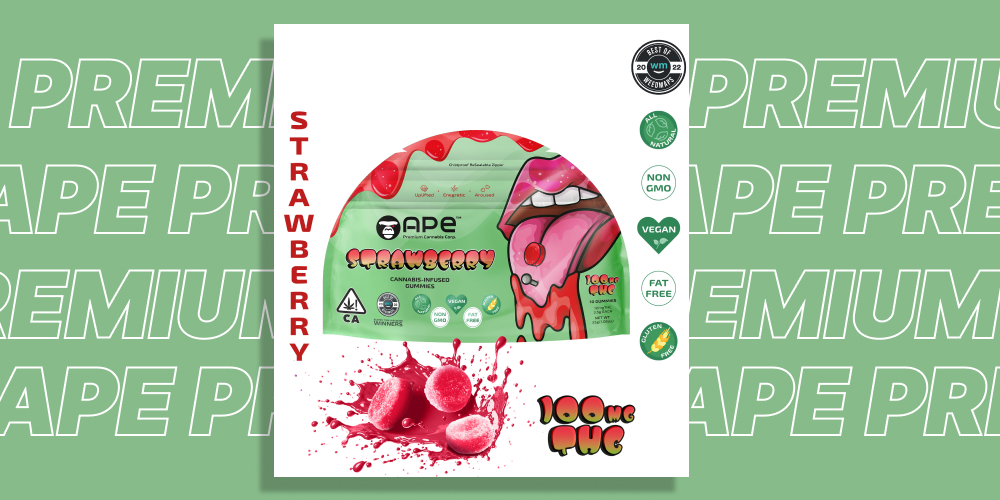A single pouch of "Ape Strawberry" cannabis-infused gummies with a dripping mouth graphic, set against a green background with repeating "PREMIUM APE" text. Product details like "100MG THC" and "VEGAN" are visible.