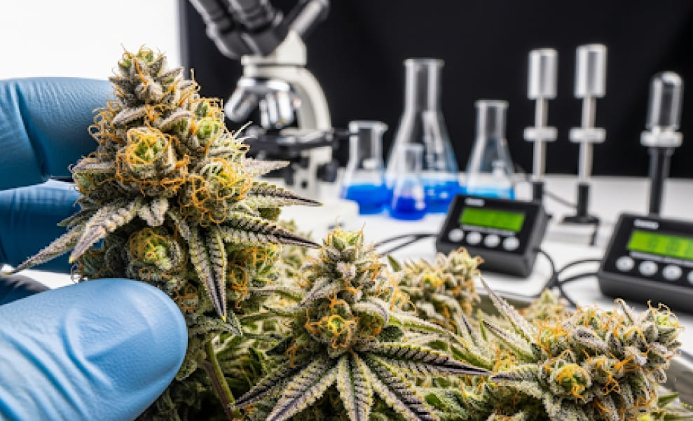 What influences more: genetics or growing method? Close-up of dense cannabis buds with trichomes under examination in a lab setting.