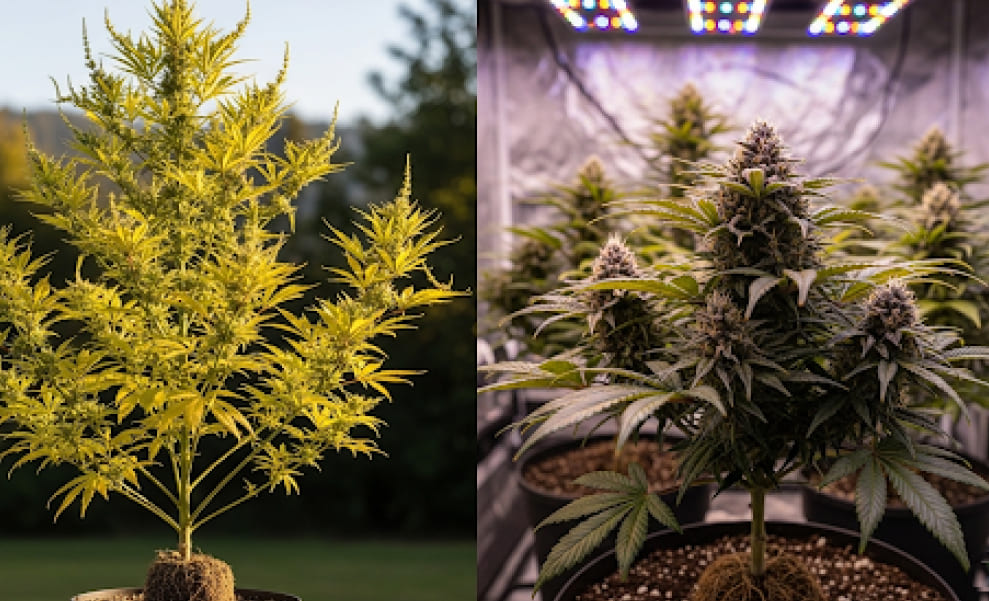 What influences more: genetics or growing method? Side-by-side comparison of cannabis plants showing phenotype variation from different growing environments.
