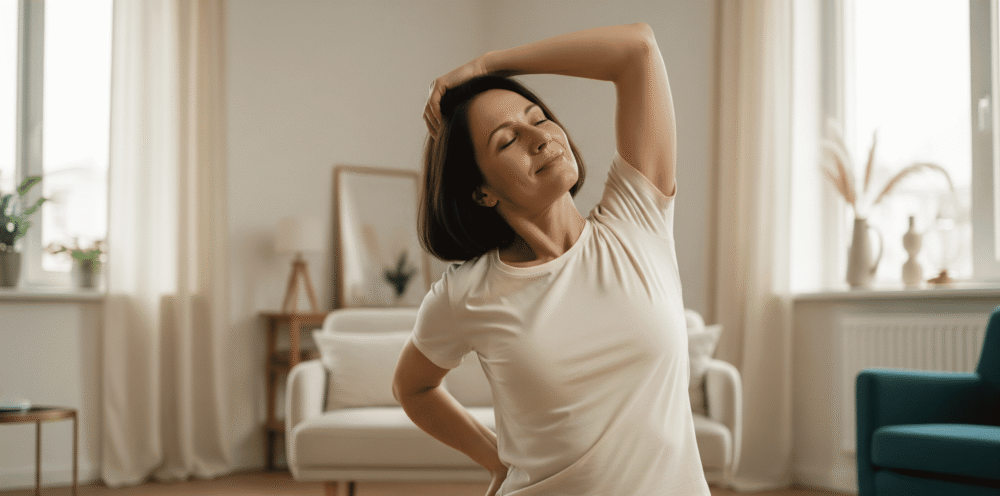 Which strains are best for sleep, pain or anxiety? A person stretching in a sunlit living room, their face showing a sense of calm and relief, representing pain management.