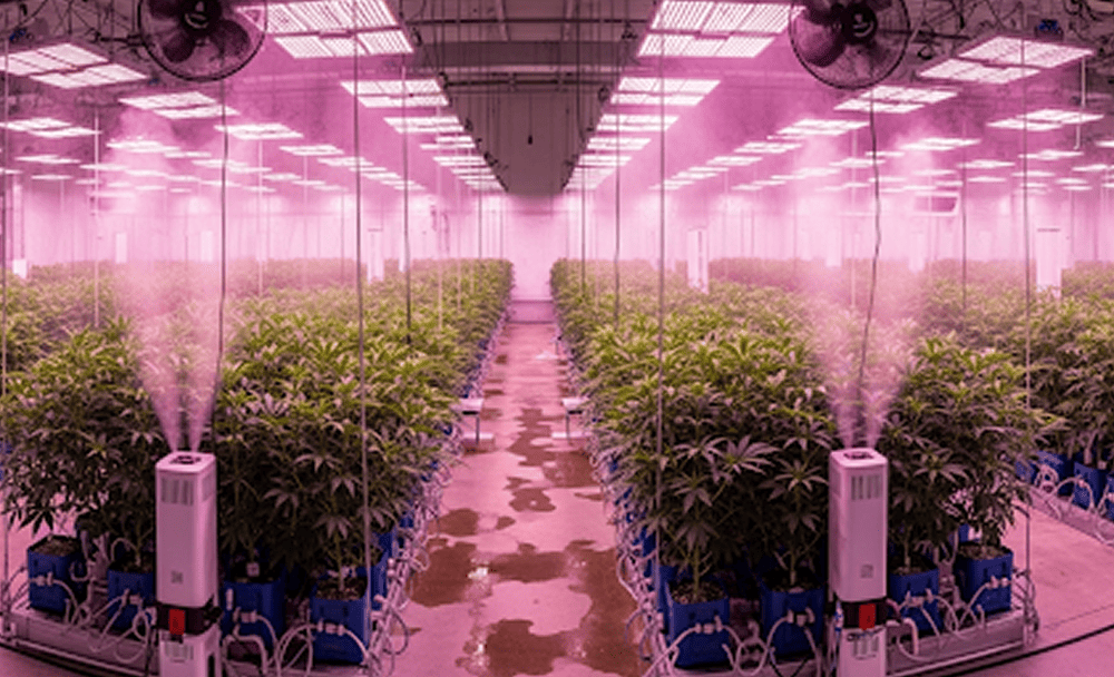 What influences more: genetics or growing method? Indoor cannabis grow room with advanced equipment and healthy plants under LED lights.