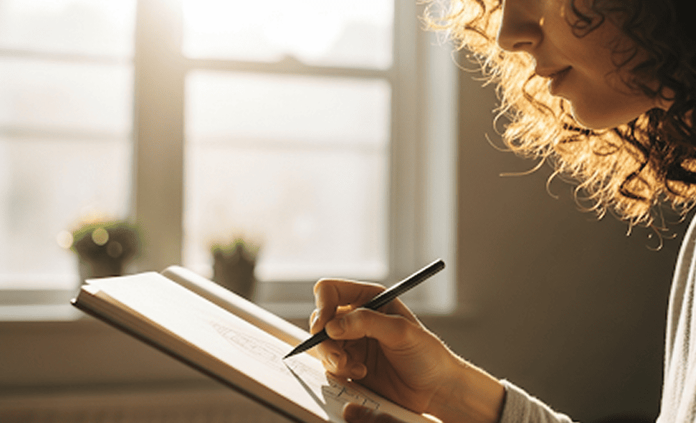 A person with curly brown hair sketching in a notebook, bathed in natural light from a window, symbolizing creative focus and calm energy.