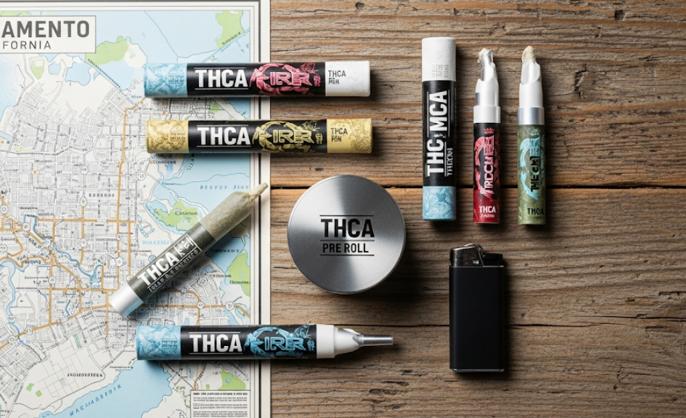 Top THCA strains in Dallas Cityscape with mountains and text overlay asking "WHERE TO BUY THCA PRE-ROLLS IN SACRAMENTO"