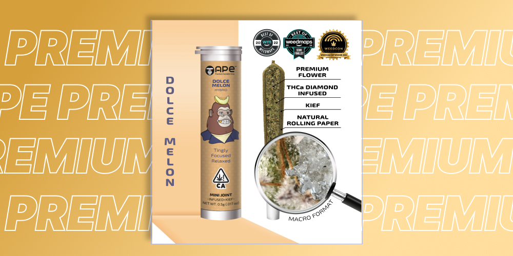 Dolce Melon — Mini joint infused+kief A product card for the APE Dolce Melon mini joint, showing the packaging and a detailed, magnified view of the pre-roll, highlighting its layers: premium flower, THCa diamond infusion, kief, and natural rolling paper.