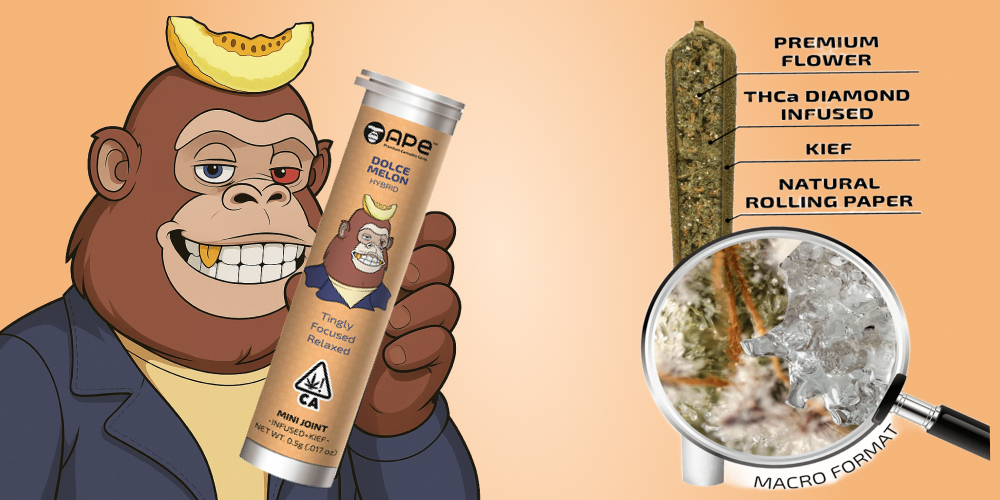 Dolce Melon — Mini joint infused+kief The APE brand's cartoon mascot, a cool ape with a gold tooth and a melon slice on its head, holds a tube of Dolce Melon mini joints. Next to it is a cross-section of the joint, showing its contents.