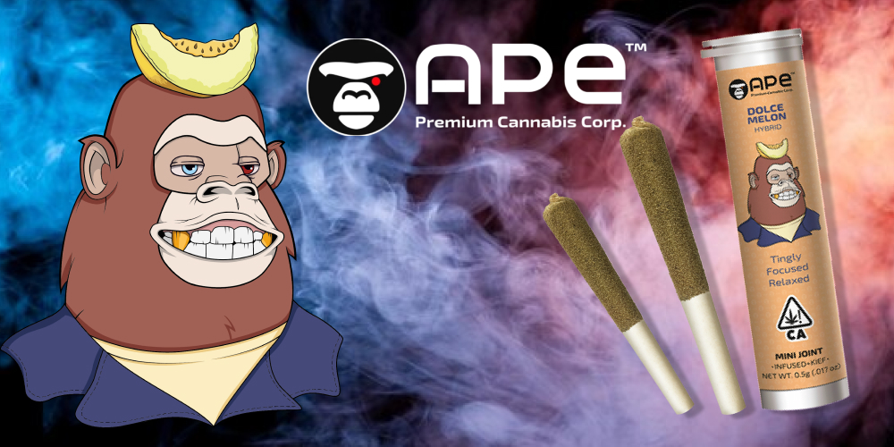 Dolce Melon — Mini joint infused+kief The APE Premium Cannabis Corp. logo and ape mascot are displayed with two Dolce Melon kief-infused mini joints and their packaging, set against a background of blue and red smoke.