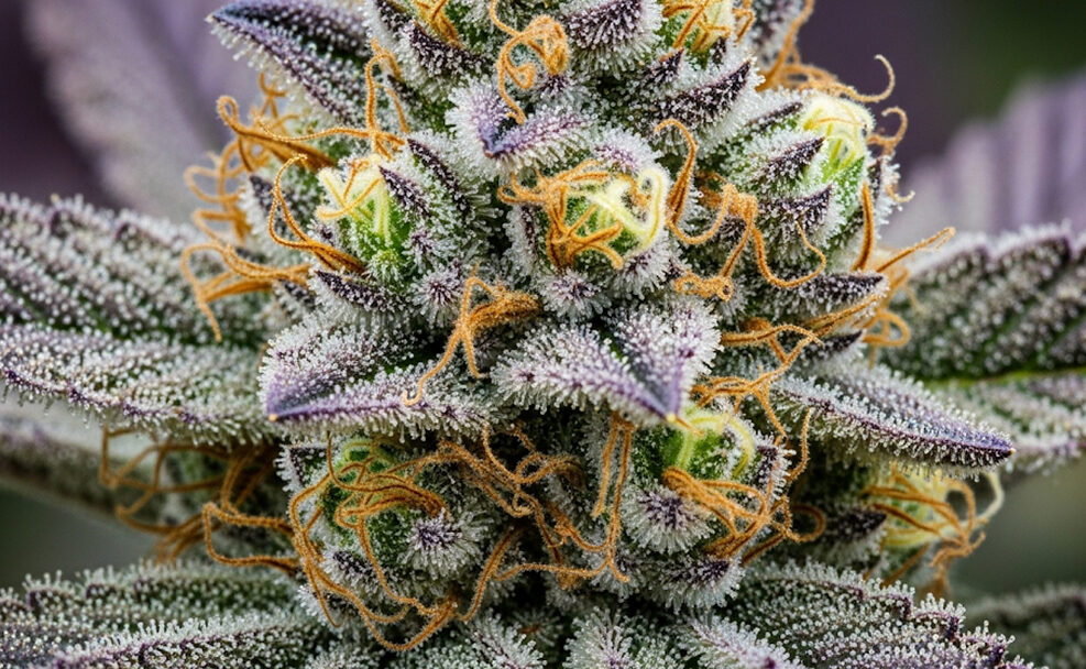 Strongest THC flowers in San Francisco A detailed macro shot of a dense cannabis bud covered in crystalline trichomes.