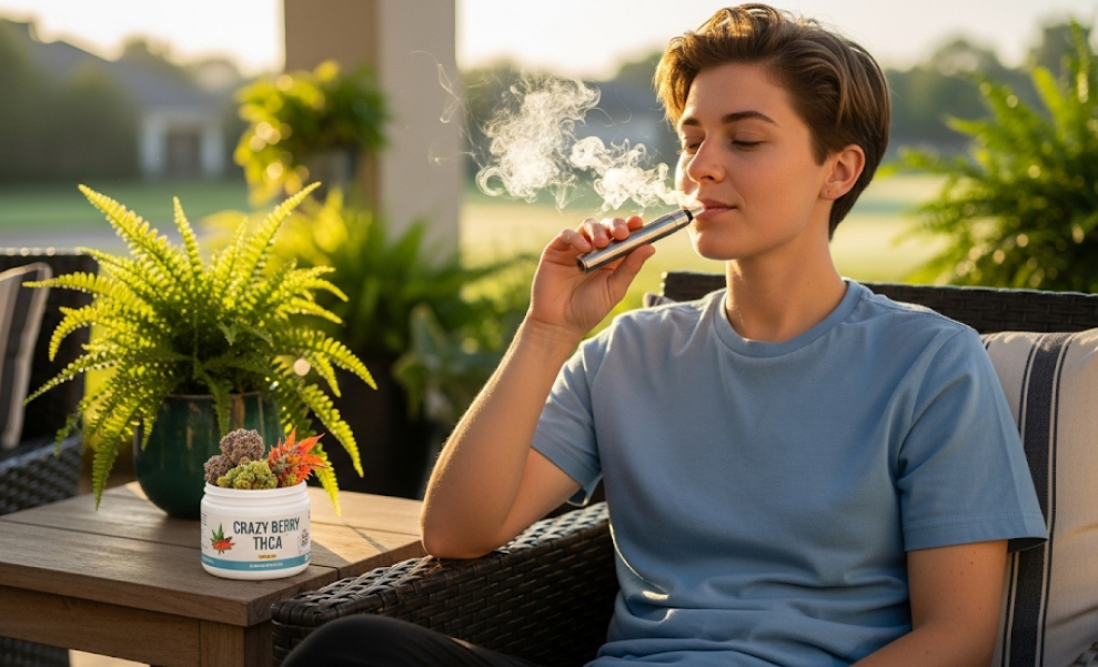 Person vaporizing Crazy Berry THCA flower on a sunny patio