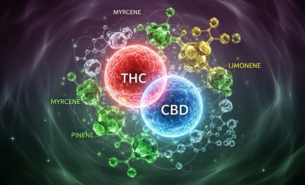 Strongest THC flowers in San Francisco An illustration of the interaction between THC, CBD, and various terpene molecules.