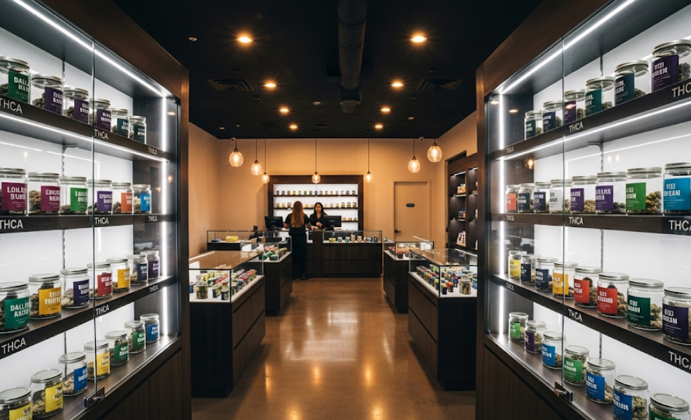 Top THCA strains in Dallas Interior of a modern dispensary displaying THCA products