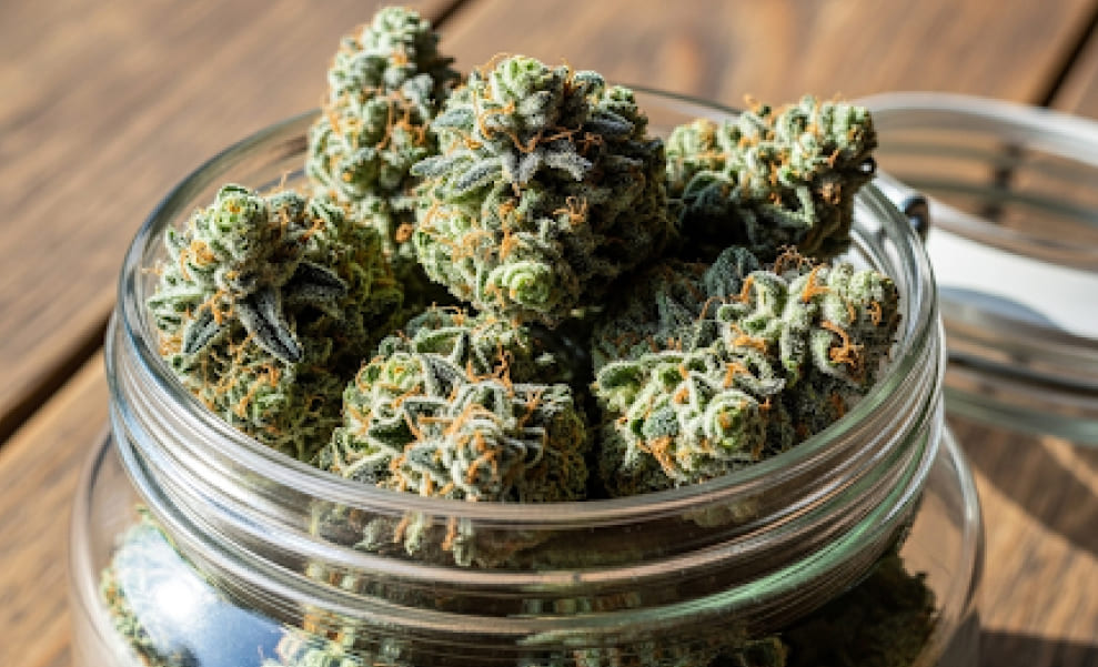 Blue Dream THCA strain Glass jar filled with cured Blue Dream THCA buds on a wooden table.