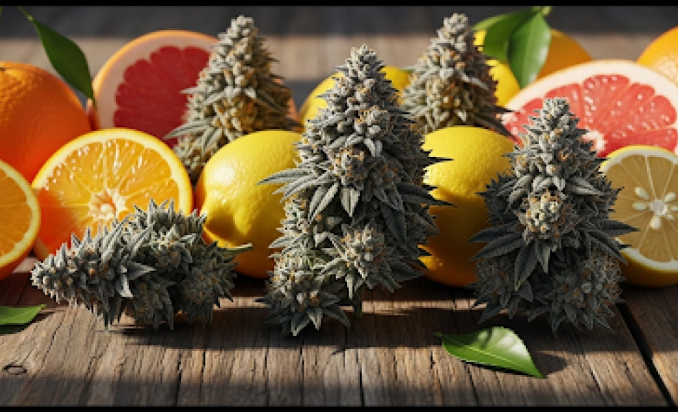 Top 6 THCA Strains in the Southern USA THCA cannabis buds arranged with fresh citrus fruits on a wooden table.