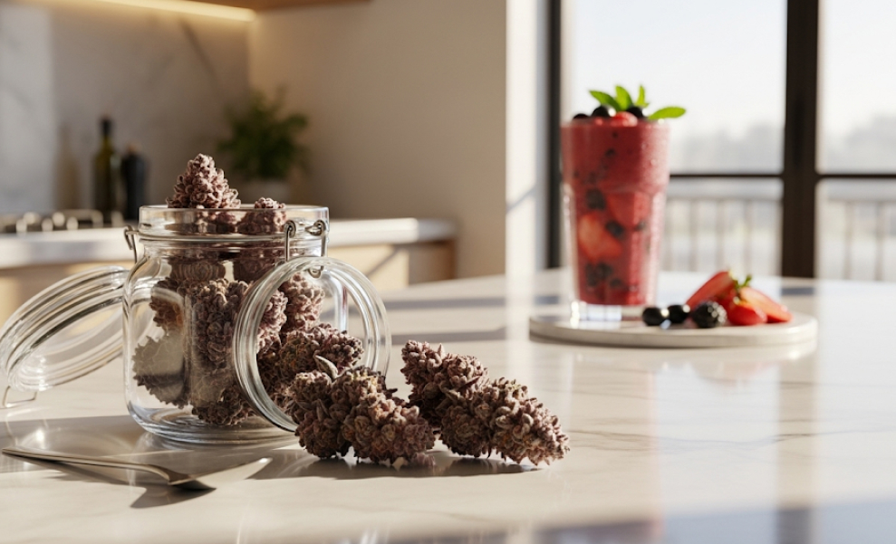 Glass jar with Crazy Berry THCA flower on a modern kitchen counter