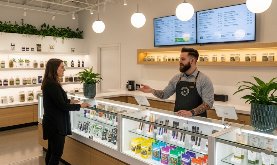 Strongest THC flowers in San Francisco A woman talking to a smiling budtender in a bright and organized cannabis store.