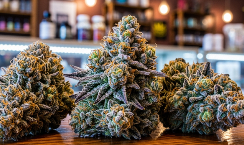 Top THCA strains in Dallas Macro shot of THCA buds with crystals on a wooden counter