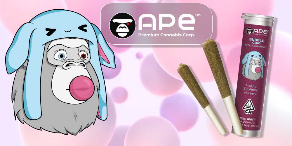 Bubble gum — Mini joint infused+kief (0.5g) An illustration of a gorilla wearing a bunny hat next to two mini joints and a product tube.
