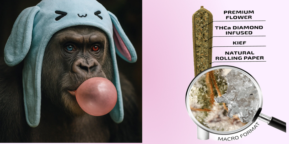Bubble gum — Mini joint infused+kief (0.5g) A split image showing a gorilla wearing a bunny hat on the left, and a diagram of an infused joint on the right.