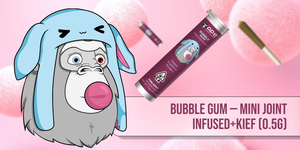Bubble gum — Mini joint infused+kief (0.5g) An illustration of a gorilla wearing a bunny hat next to an APE brand cannabis tube and a mini joint.