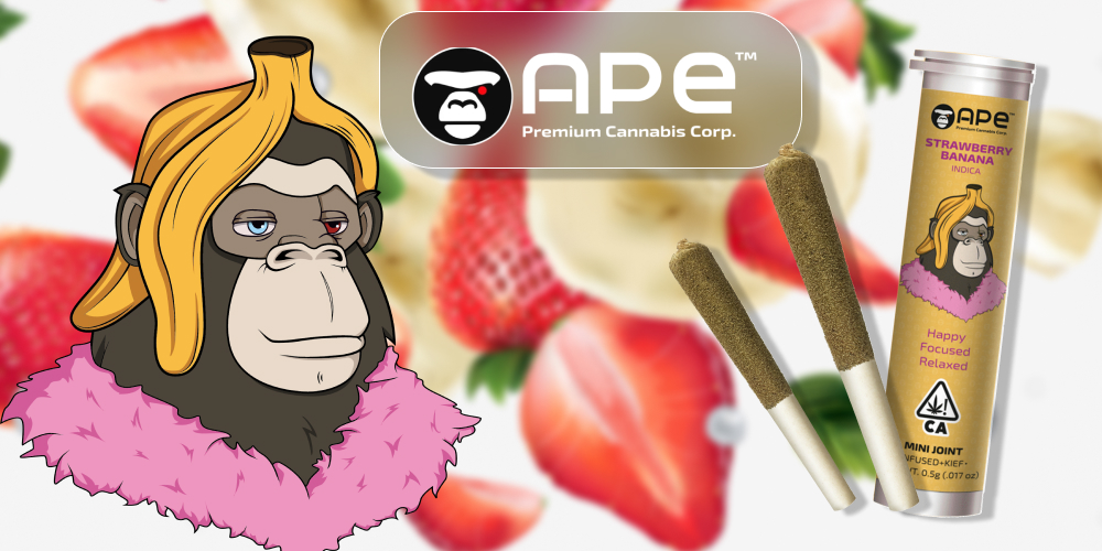 Strawberry Banana — Mini joint infused+kief (0.5g) An animated ape character with a banana peel on its head and a pink fur collar, standing next to two pre-rolled joints. The background features a pattern of strawberries and banana slices.