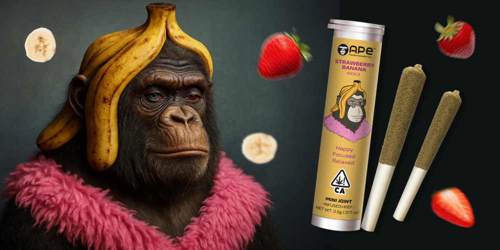 Strawberry Banana — Mini joint infused+kief (0.5g) A realistic-looking chimpanzee with a banana peel on its head and a pink fur boa, posing next to a product tube and two pre-rolled joints. Floating strawberries and banana slices are in the background.