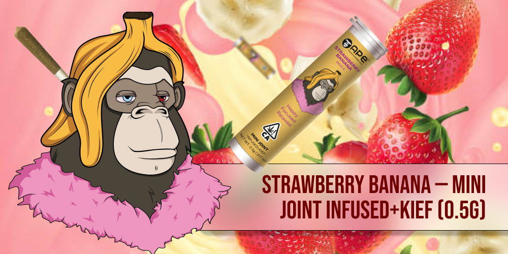 Strawberry Banana — Mini joint infused+kief (0.5g) An animated ape mascot with a banana peel on its head and a pink boa, holding a pre-rolled joint. The product tube is also visible, with strawberries and bananas in the background.